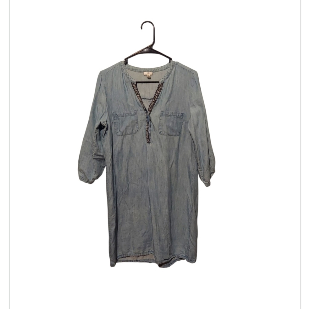 Spense Chambray Tunic Denim Dress Sz 10 Embroidered Roll Tab Sleeve Boho Preppy